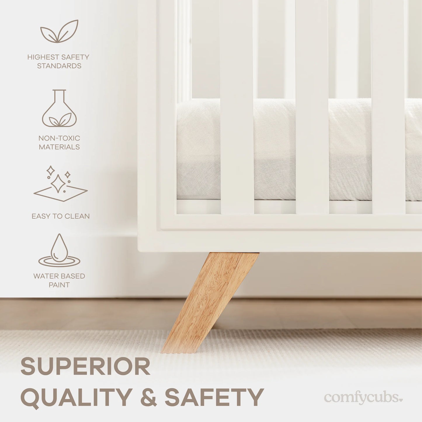 Comfy Cubs Baby Crib for 0 to 3 Years - White Bars and Frame and Natural Wood Leg