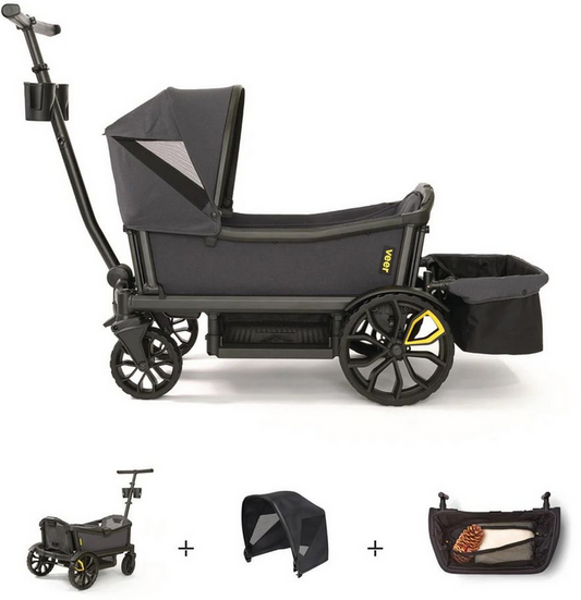 Veer Cruiser (2 Seater) Stroller Wagon + Canopy + Basket Bundle - Grey / Grey