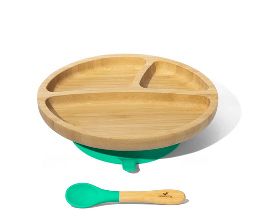 Avanchy Bamboo Suction Toddler Plate + Spoon - Green
