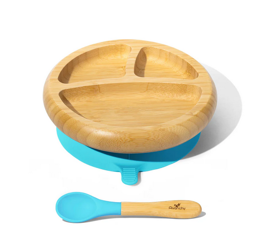 Avanchy Bamboo Sunction Baby Divided Plate + Spoon - Blue