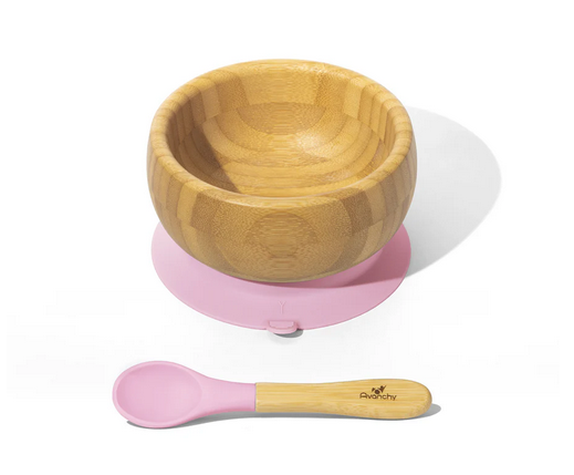 Avanchy Bamboo Stay Put Suction Baby Bowl + Spoon - Pink
