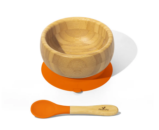 Avanchy Bamboo Stay Put Suction Baby Bowl + Spoon - Orange