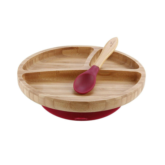 Avanchy Bamboo Sunction Baby Divided Plate + Spoon - Magenta - Traveling Tikes 