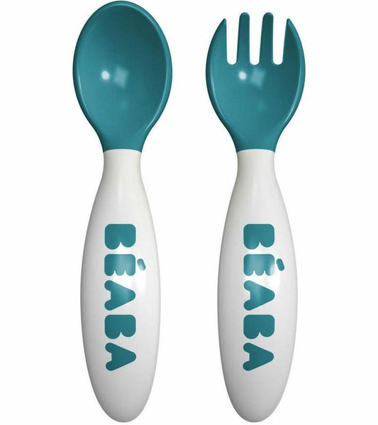 Beaba Second Stage Ergonomic Cutlery, Set of 2 - Peacock - Traveling Tikes 