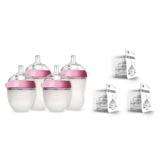Comotomo 7-Piece Baby Bottle Gift Set in Pink - Traveling Tikes 