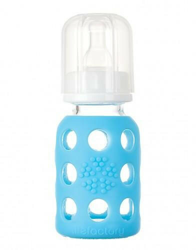 Life Factory 4 oz Glass Baby Bottle with Silicone Sleeve (sky blue) - Traveling Tikes 