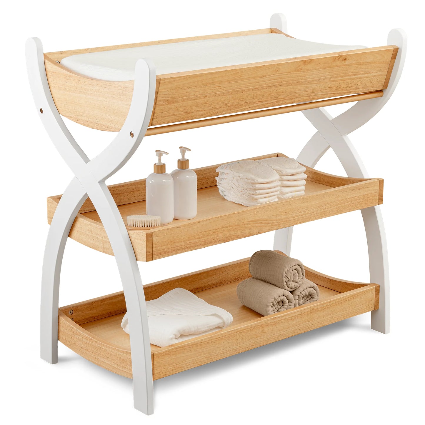 Baby Changing Table by Comfy Cubs - Natural Wood With White Legs