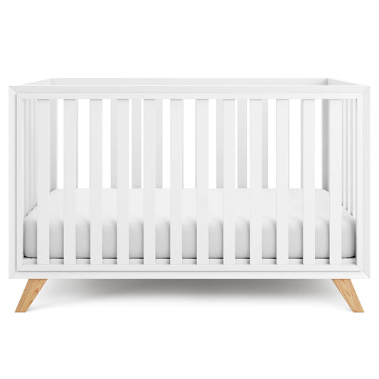 Comfy Cubs Baby Crib for 0 to 3 Years - White Bars and Frame and Natural Wood Leg