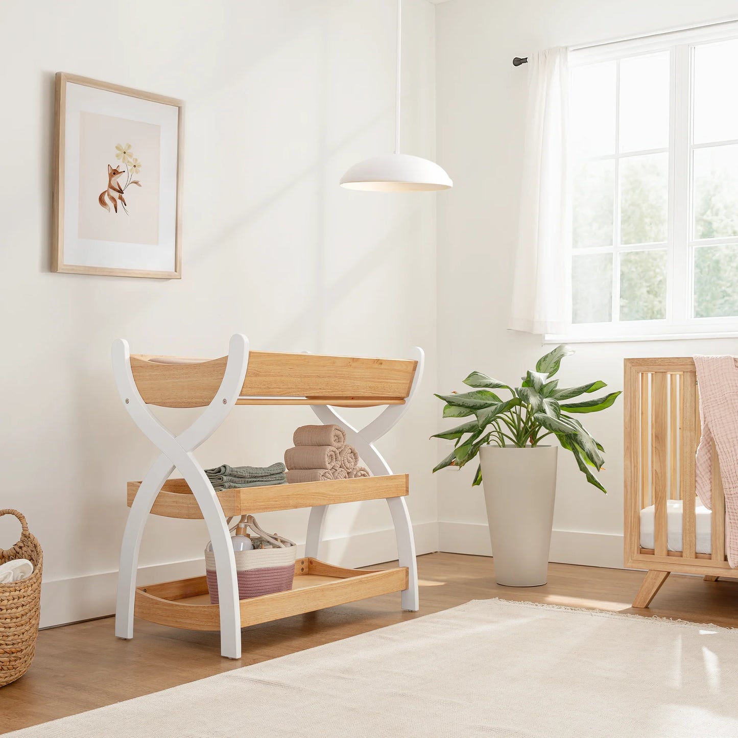 Baby Changing Table by Comfy Cubs - Natural Wood With White Legs