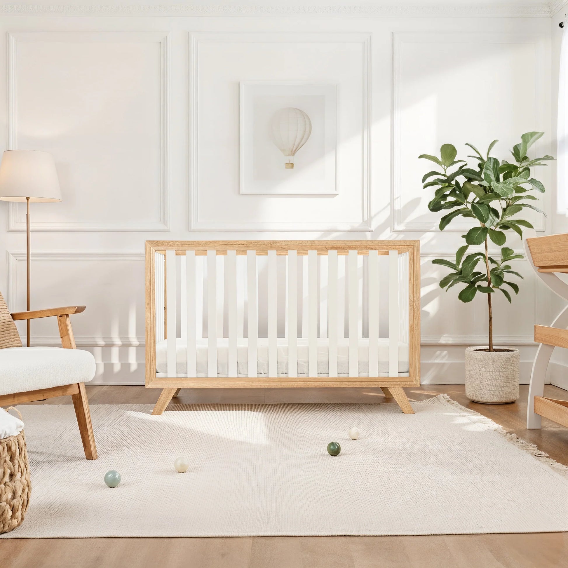 Comfy Cubs Baby Crib for 0 to 3 Years - White Bars and Frame and Natural Wood Leg