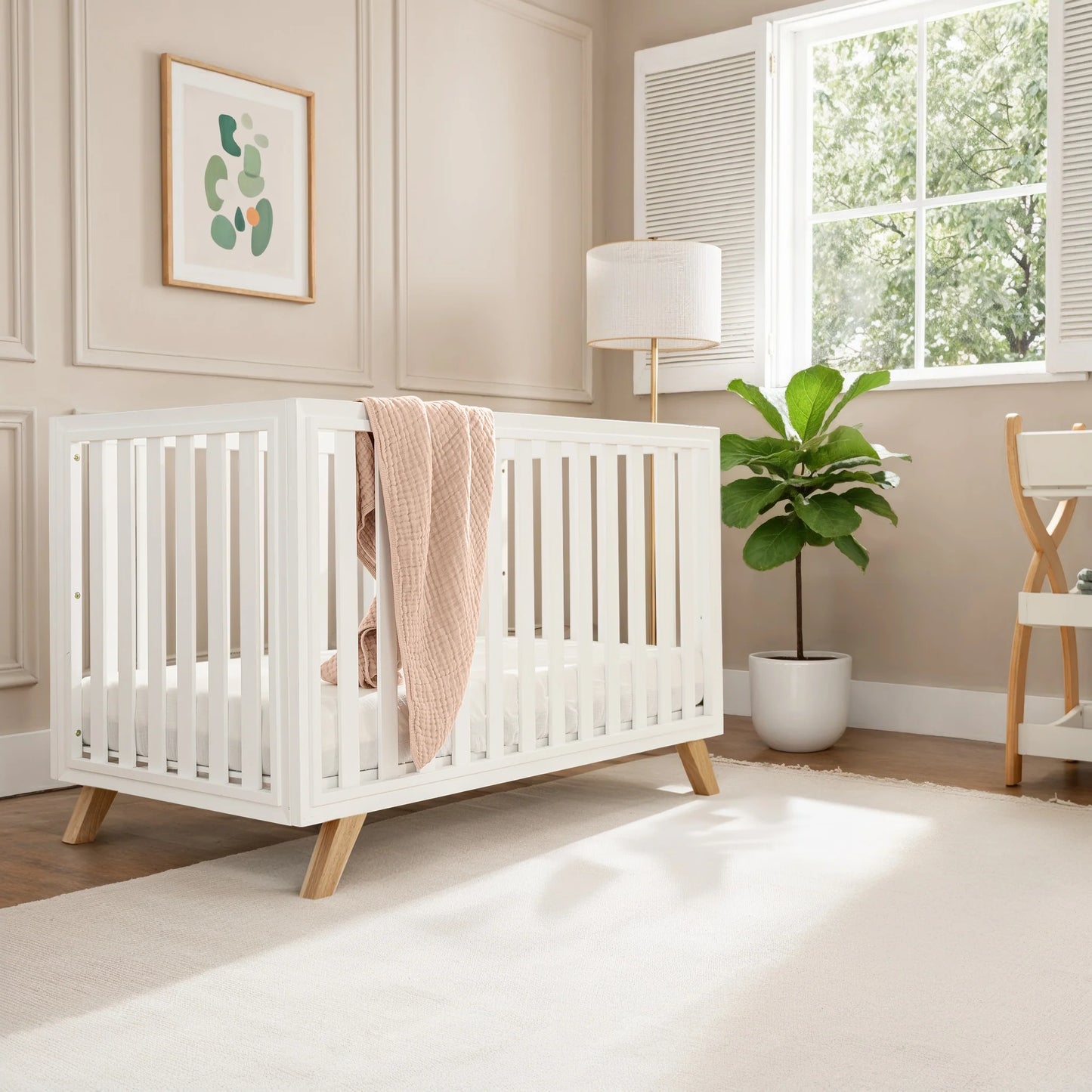 Comfy Cubs Baby Crib for 0 to 3 Years - White Bars and Frame and Natural Wood Leg