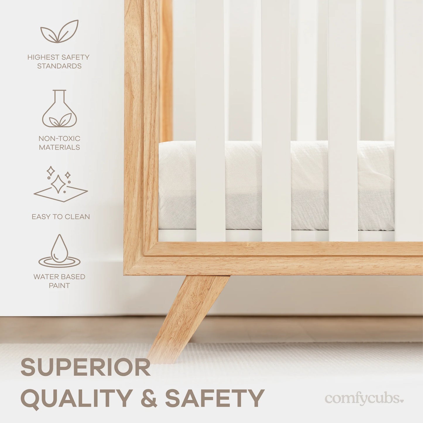 Comfy Cubs Baby Crib for 0 to 3 Years - White Bars and Frame and Natural Wood Leg