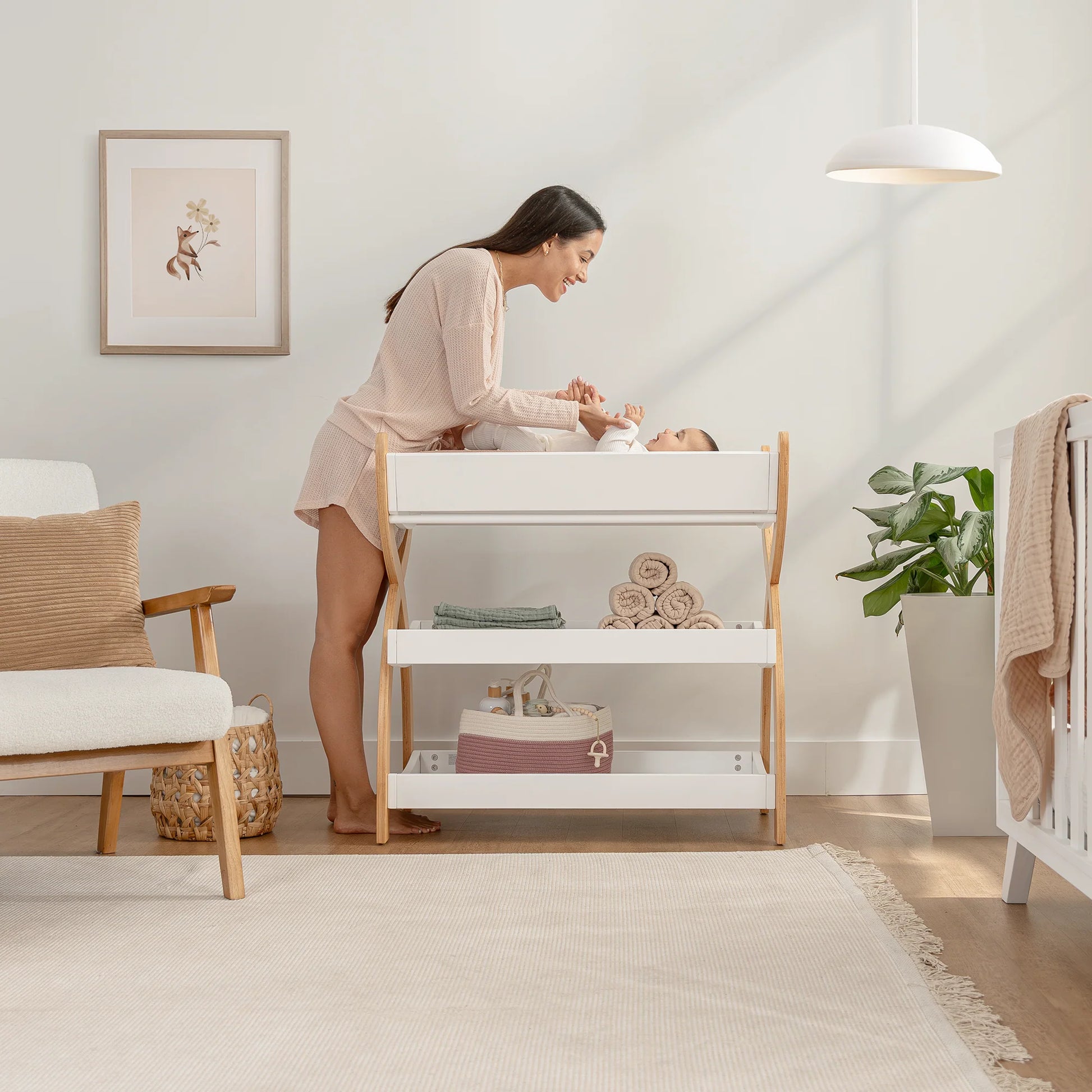 Baby Changing Table by Comfy Cubs - White With Natural Wood Legs