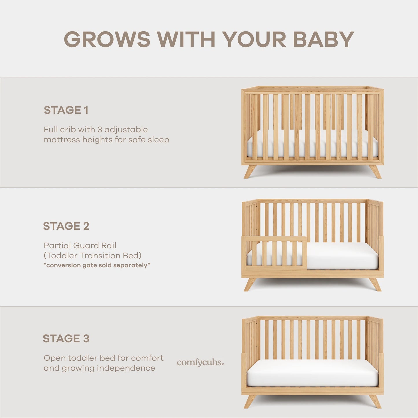 Comfy Cubs Baby Crib for 0 to 3 Years - Natural Wood