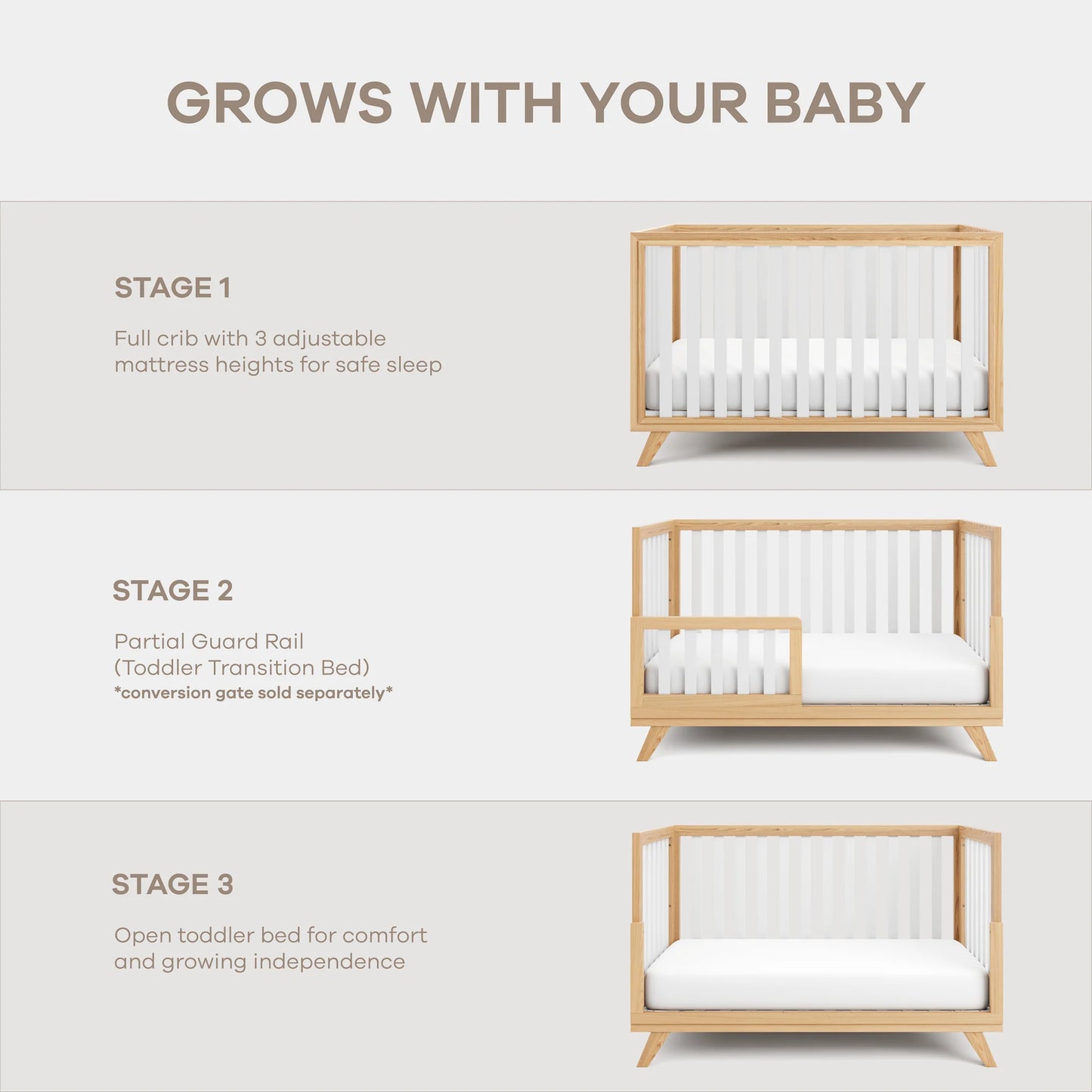 Comfy Cubs Baby Crib for 0 to 3 Years - White Bars and Frame and Natural Wood Leg
