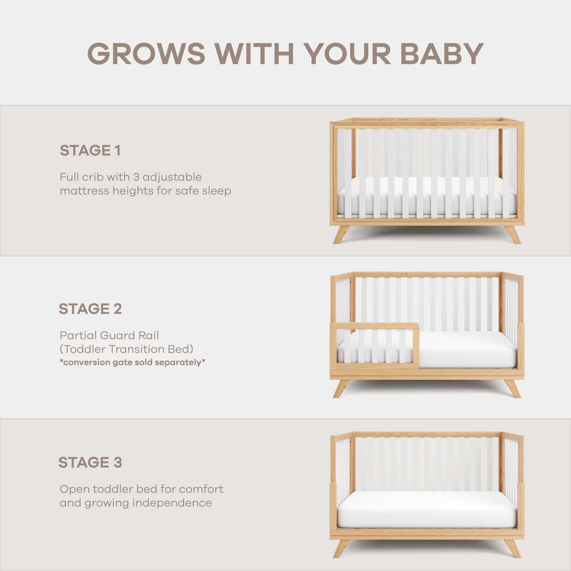 Comfy Cubs Baby Crib for 0 to 3 Years - White Bars and Frame and Natural Wood Leg