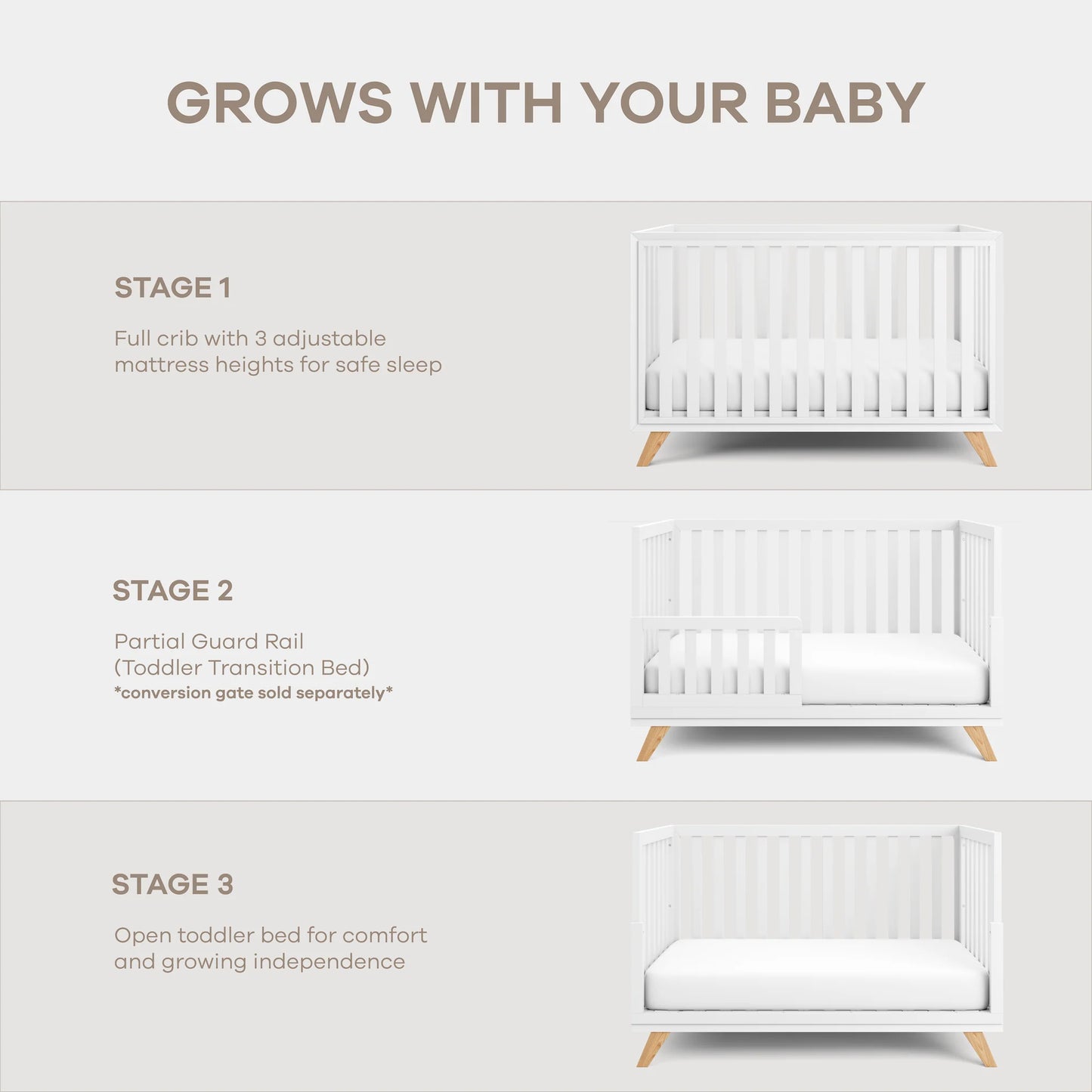 Comfy Cubs Baby Crib for 0 to 3 Years - White Bars and Frame and Natural Wood Leg