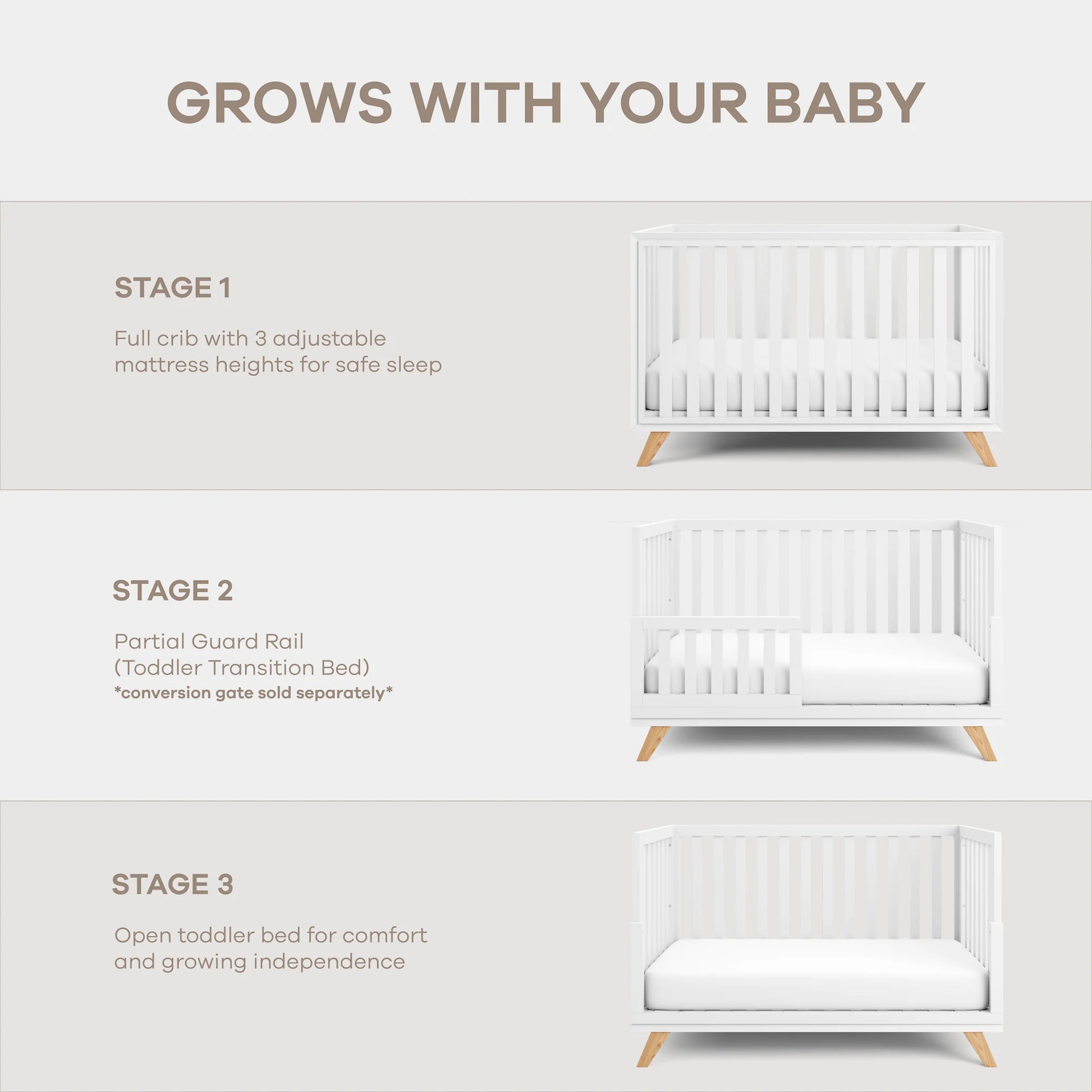 Comfy Cubs Baby Crib for 0 to 3 Years - White Bars and Frame and Natural Wood Leg