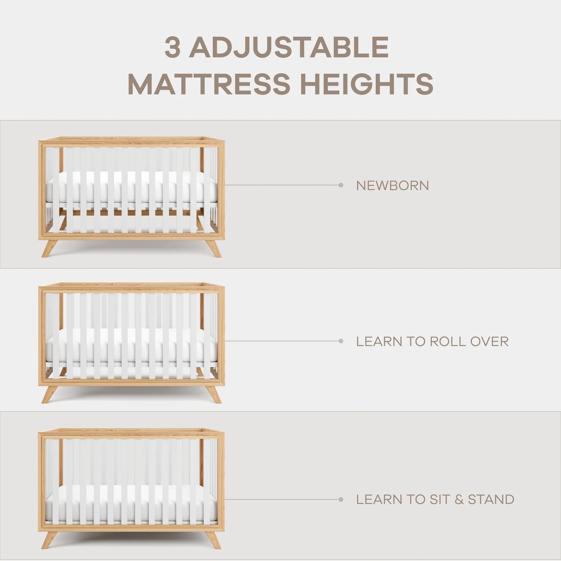 Comfy Cubs Baby Crib for 0 to 3 Years - White Bars and Frame and Natural Wood Leg