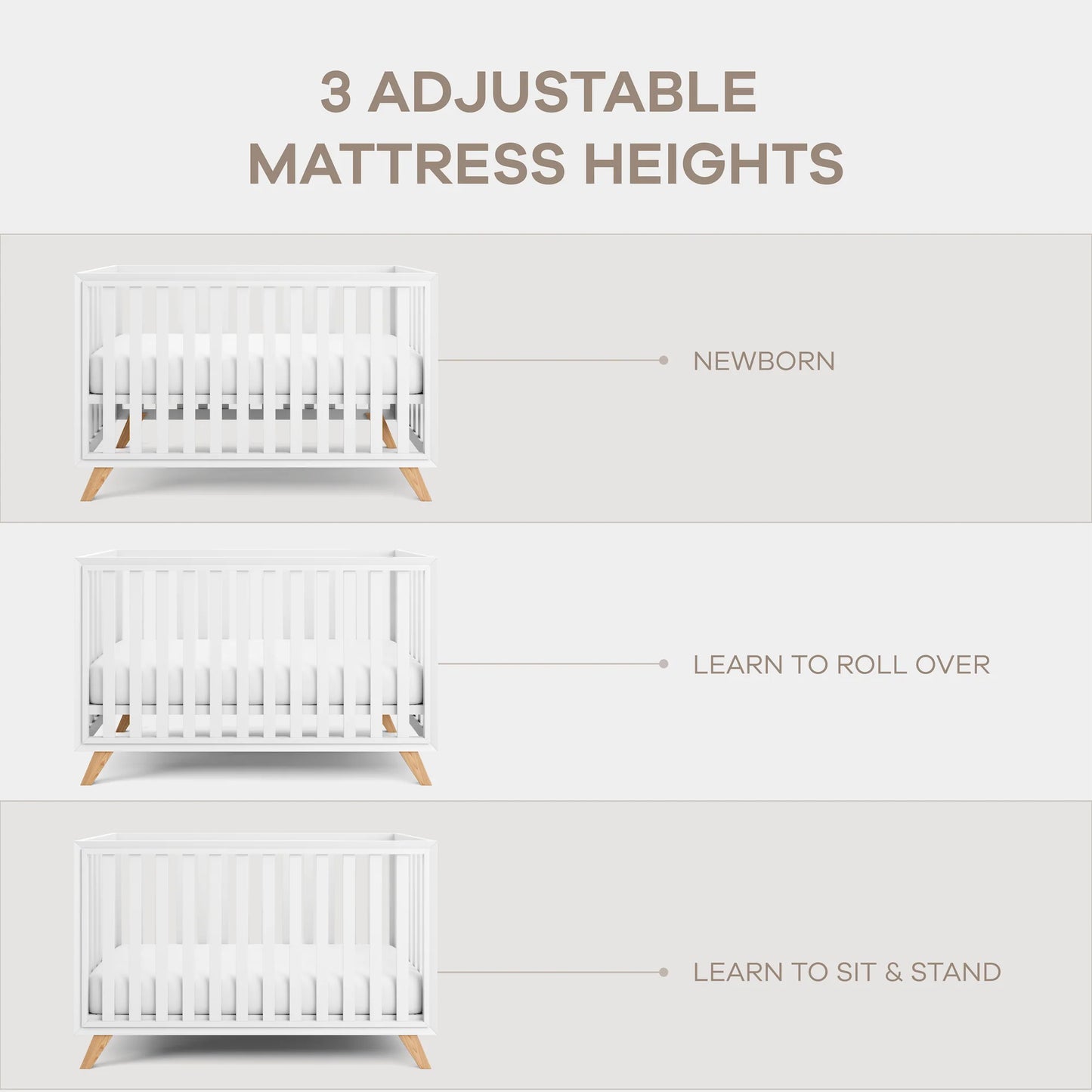 Comfy Cubs Baby Crib for 0 to 3 Years - White Bars and Frame and Natural Wood Leg
