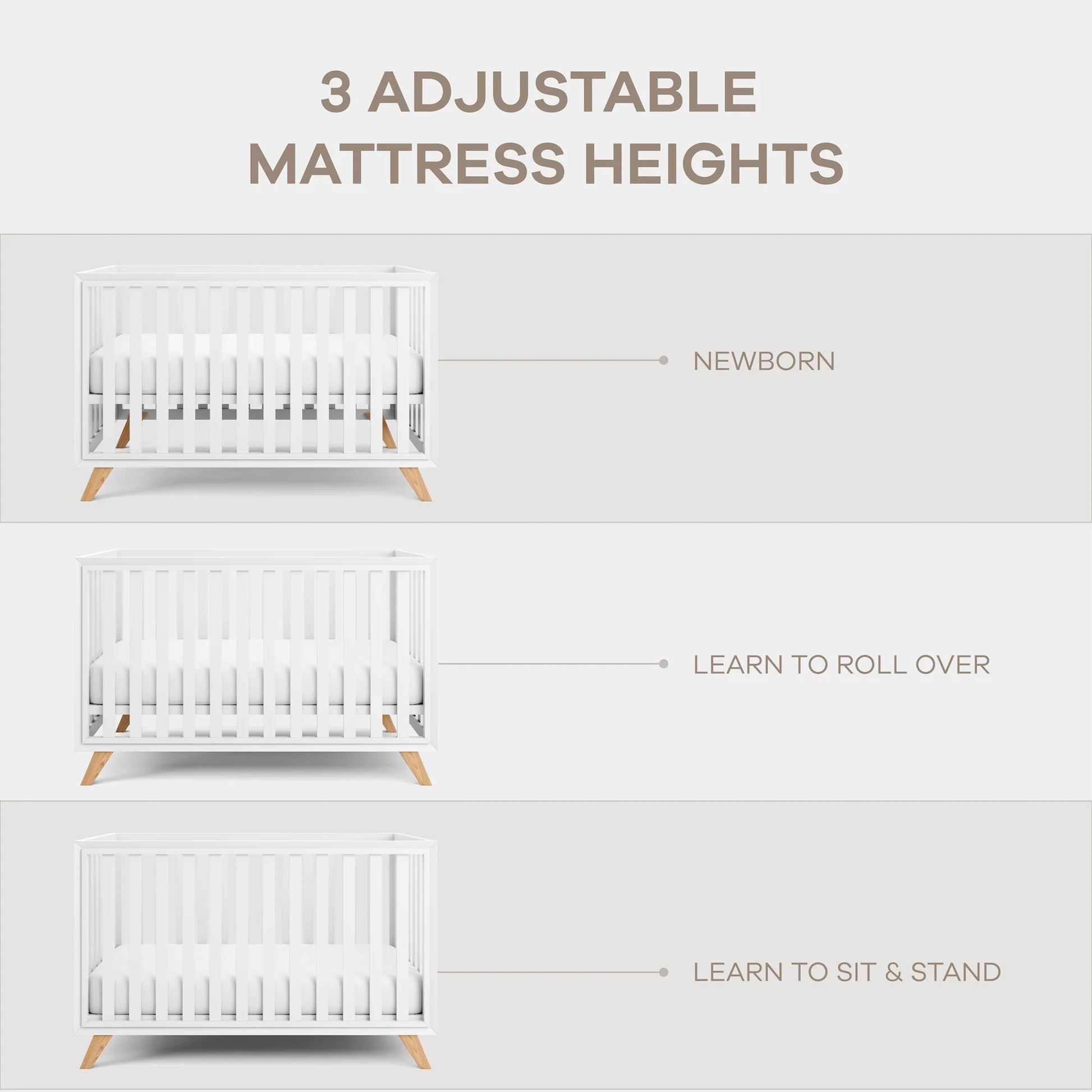 Comfy Cubs Baby Crib for 0 to 3 Years - White Bars and Frame and Natural Wood Leg
