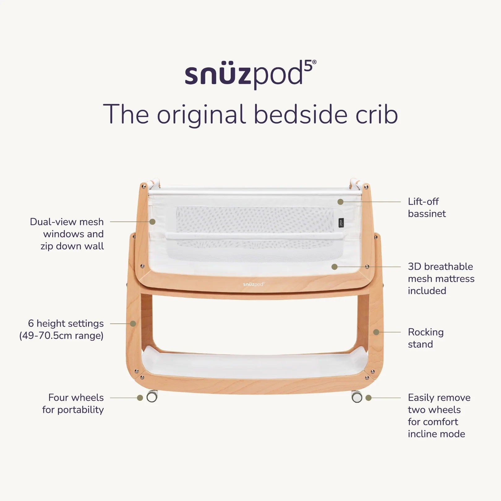 SnuzPod5 Bedside Crib - Cashmere