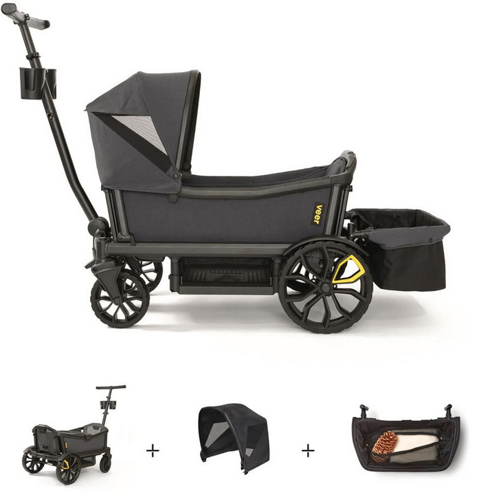 Veer Cruiser (2 Seater) Stroller Wagon + Canopy + Basket Bundle - Grey / Grey - Traveling Tikes 