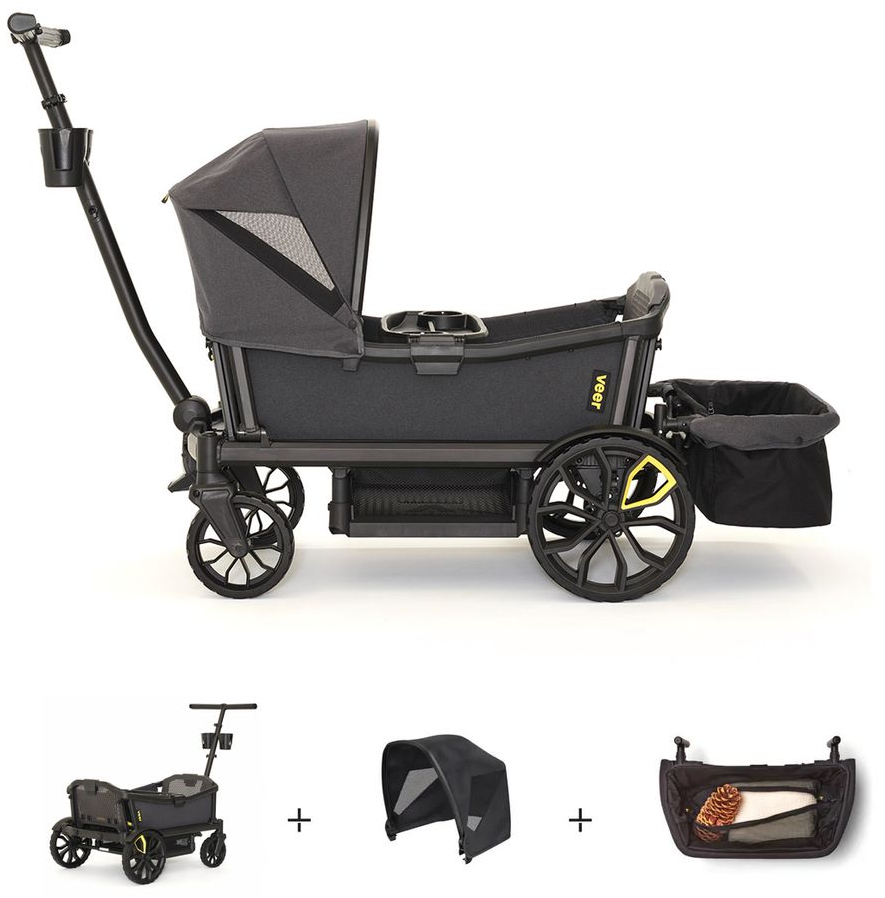 Veer Cruiser XL (4 Seater) Stroller Wagon + Canopy + Basket Bundle - Grey / Grey