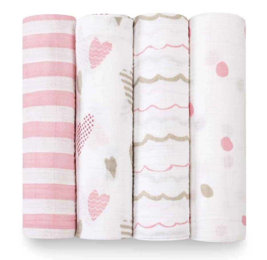 Aden and Anais Organic Cotton Swaddles 4 Pack - Heart Breaker