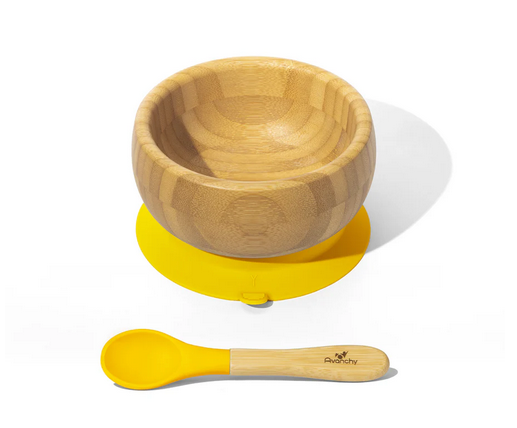 Avanchy Bamboo Stay Put Suction Baby Bowl + Spoon - Yellow
