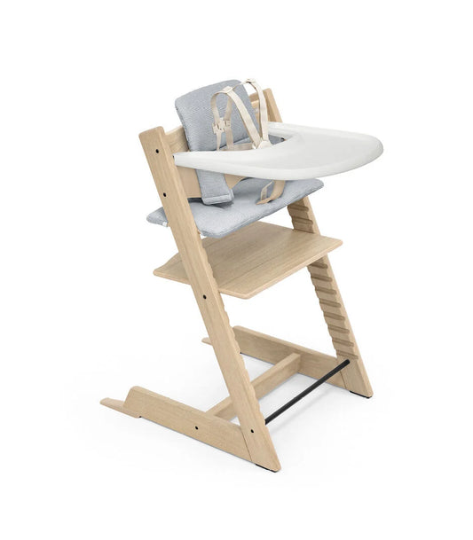 Tripp Trapp High Chair2 and Cushion with Stokke Tray - Oak Natural / Nordic Blue