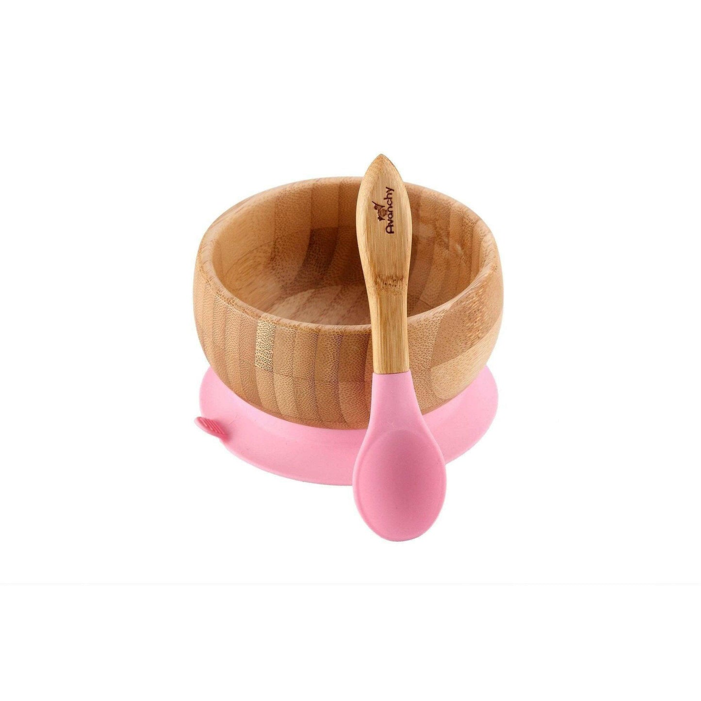 Avanchy Bamboo Stay Put Suction Baby Bowl + Spoon - Pink - Traveling Tikes 