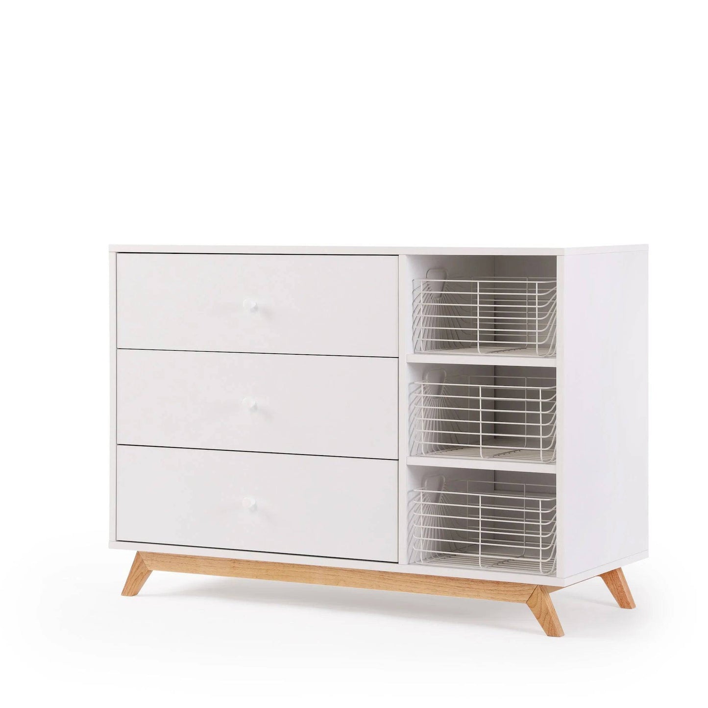 DaDaDa Central Park 3-drawer, Two Shelf Nursery Dresser - White + Natural