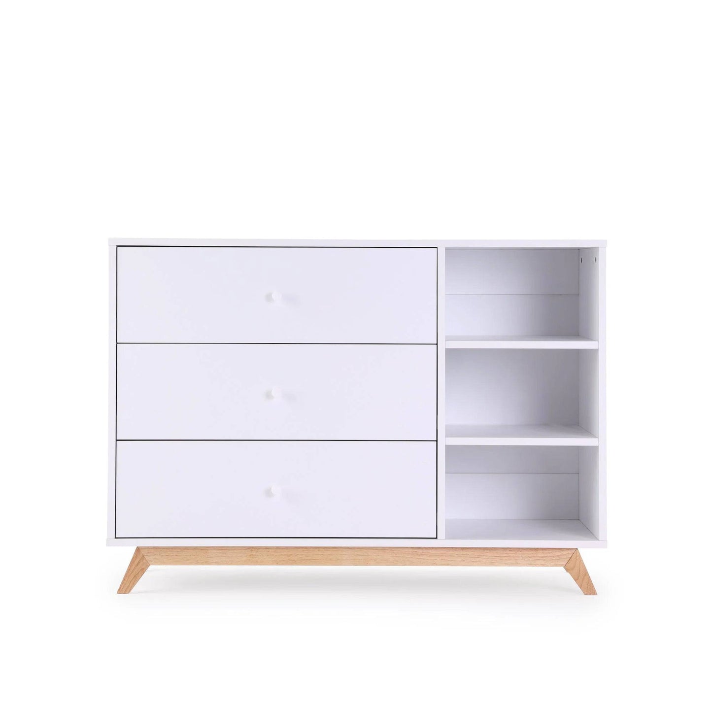 DaDaDa Central Park 3-drawer, Two Shelf Nursery Dresser - White + Natural