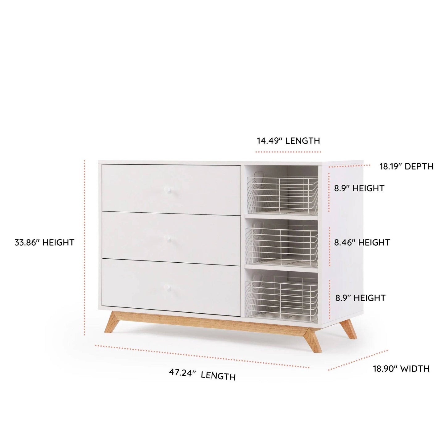 DaDaDa Central Park 3-drawer, Two Shelf Nursery Dresser - White + Natural