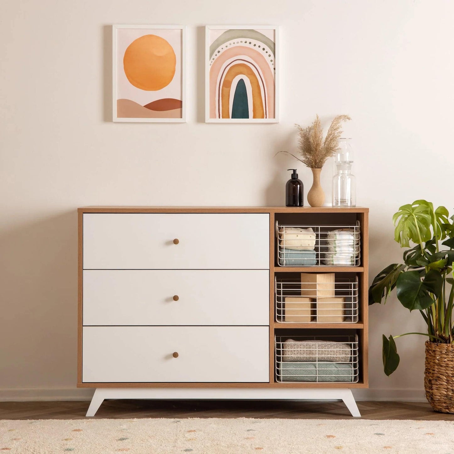 DaDaDa Central Park 3-drawer, Two Shelf Nursery Dresser - White + Red Oak