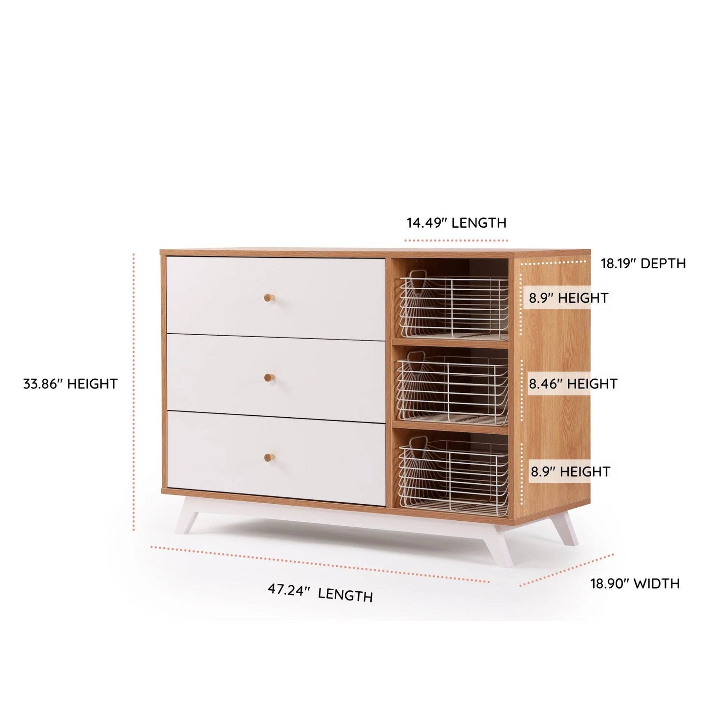 DaDaDa Central Park 3-drawer, Two Shelf Nursery Dresser - White + Red Oak