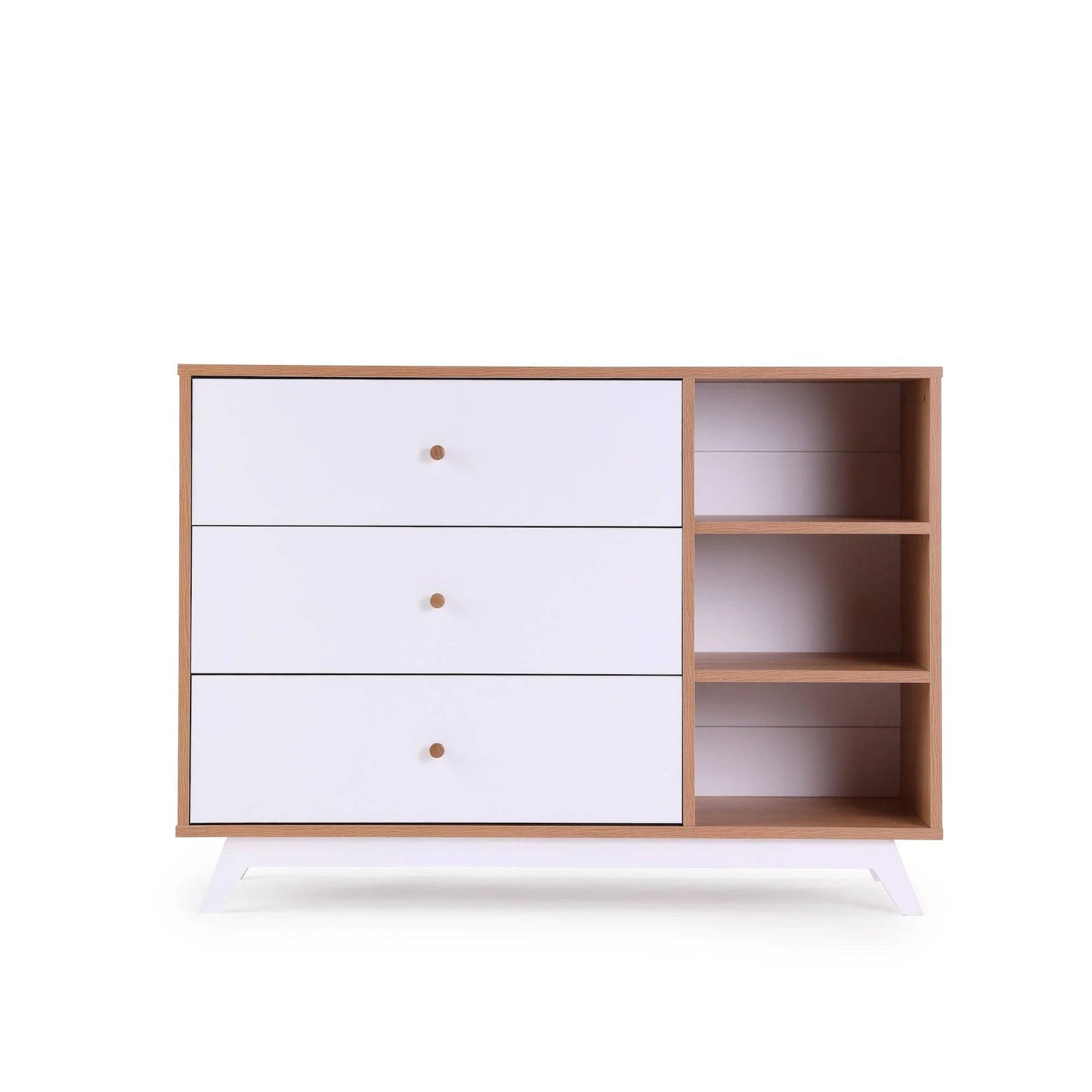 DaDaDa Central Park 3-drawer, Two Shelf Nursery Dresser - White + Red Oak