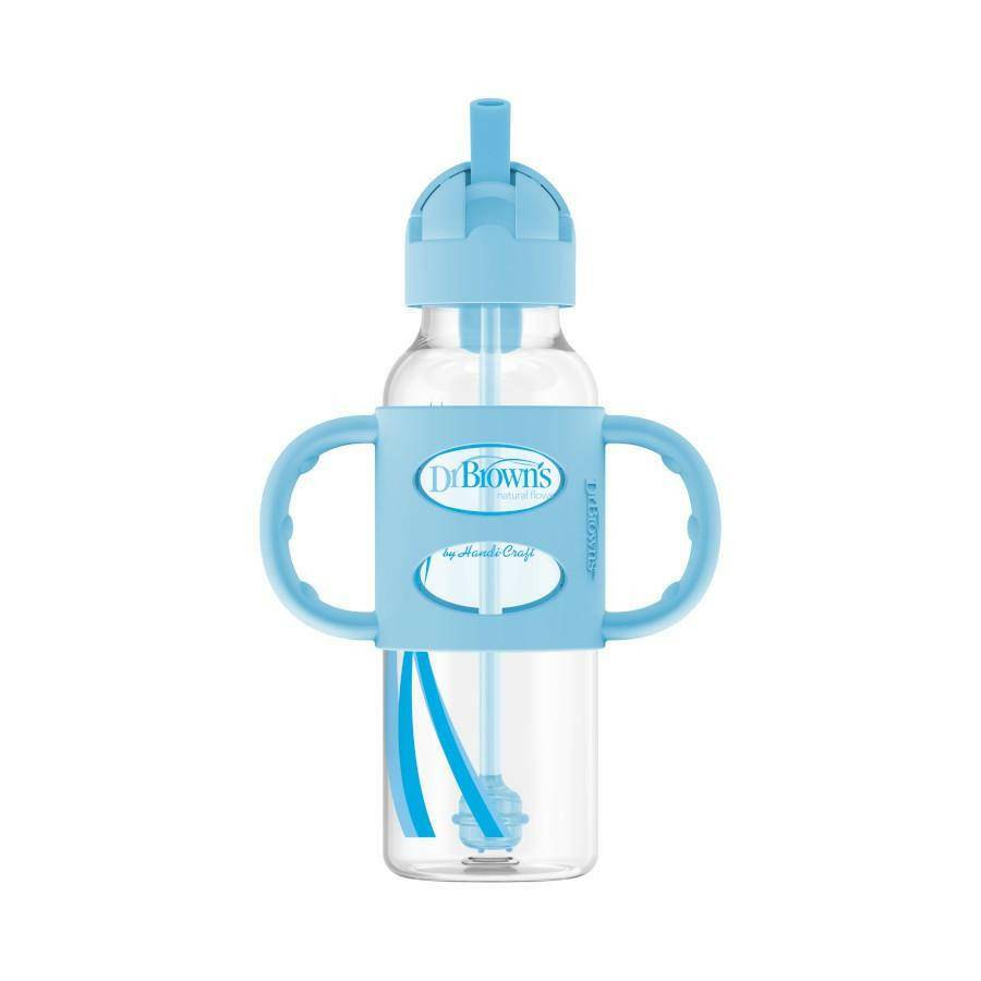 Dr. Brown’s Milestones Sippy Straw Bottle with Silicone Handles, 8 oz - Blue - Traveling Tikes 