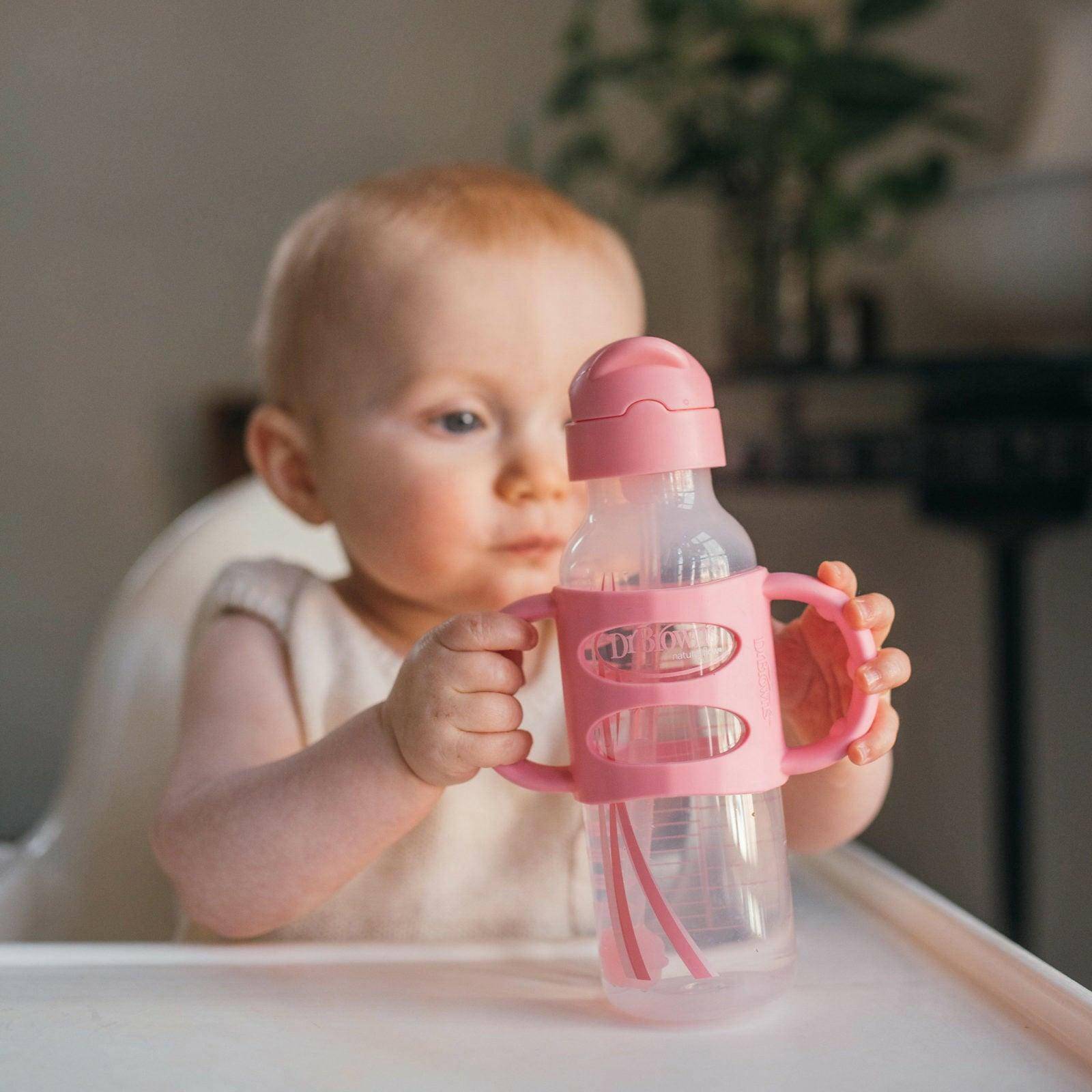 Dr. Brown’s Milestones Sippy Straw Bottle with Silicone Handles, 8 oz - Pink - Traveling Tikes 