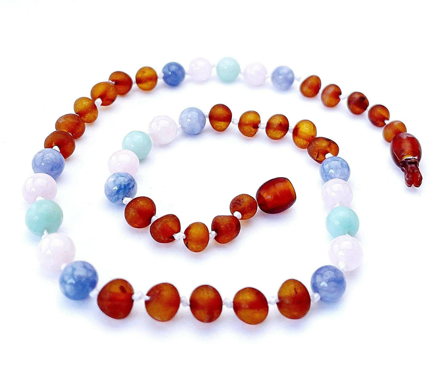 Momma Goose Overlord Baby Necklace Baltic Amber, Moonstone, Rose Quartz & Amazonite - Traveling Tikes 