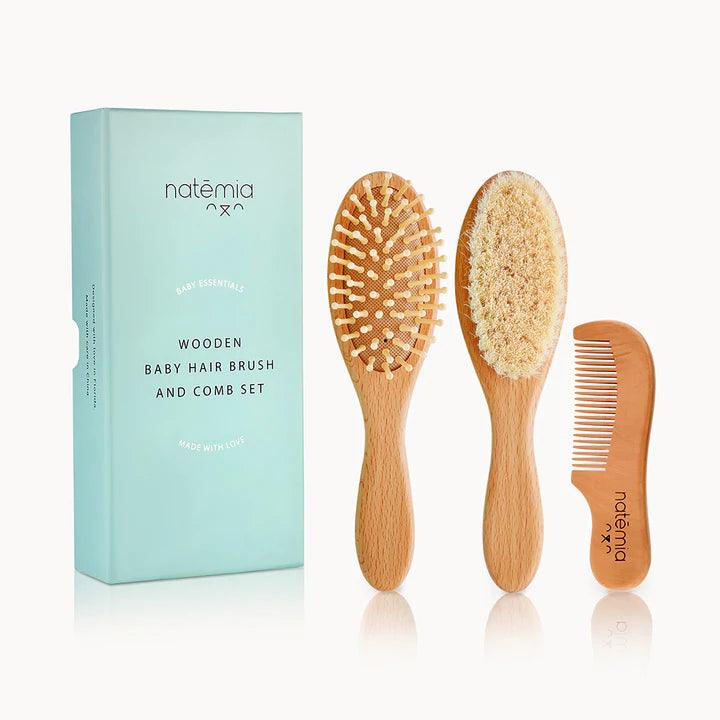 Natemia Wooden Baby Hair Brush Set With Natural Bristles - Traveling Tikes 