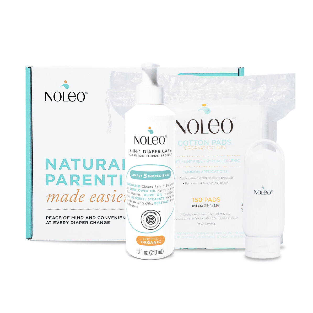 NOLEO Baby Box - NOLEO 3-IN-1, Organic Cotton Pads, Refillable Travel Bottle - Traveling Tikes 