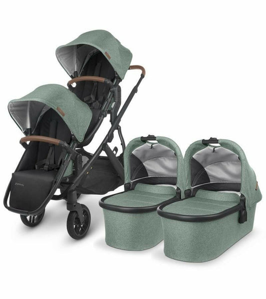 UPPAbaby VISTA V2 Twin Double Stroller Bundle - Gwen (Green Melange / Carbon / Saddle Leather) - Traveling Tikes 