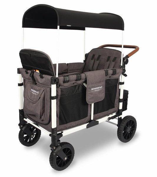 WonderFold W4 Luxe Multifunctional Quad (4 Seater) Stroller Wagon - Charcoal Gray/White Frame (Limited Edition) - Traveling Tikes 