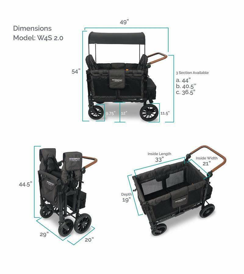 WonderFold W4 Luxe (W4S 2.0) Multifunctional Quad (4 Seater) Stroller Wagon - Volcanic Black - Traveling Tikes 