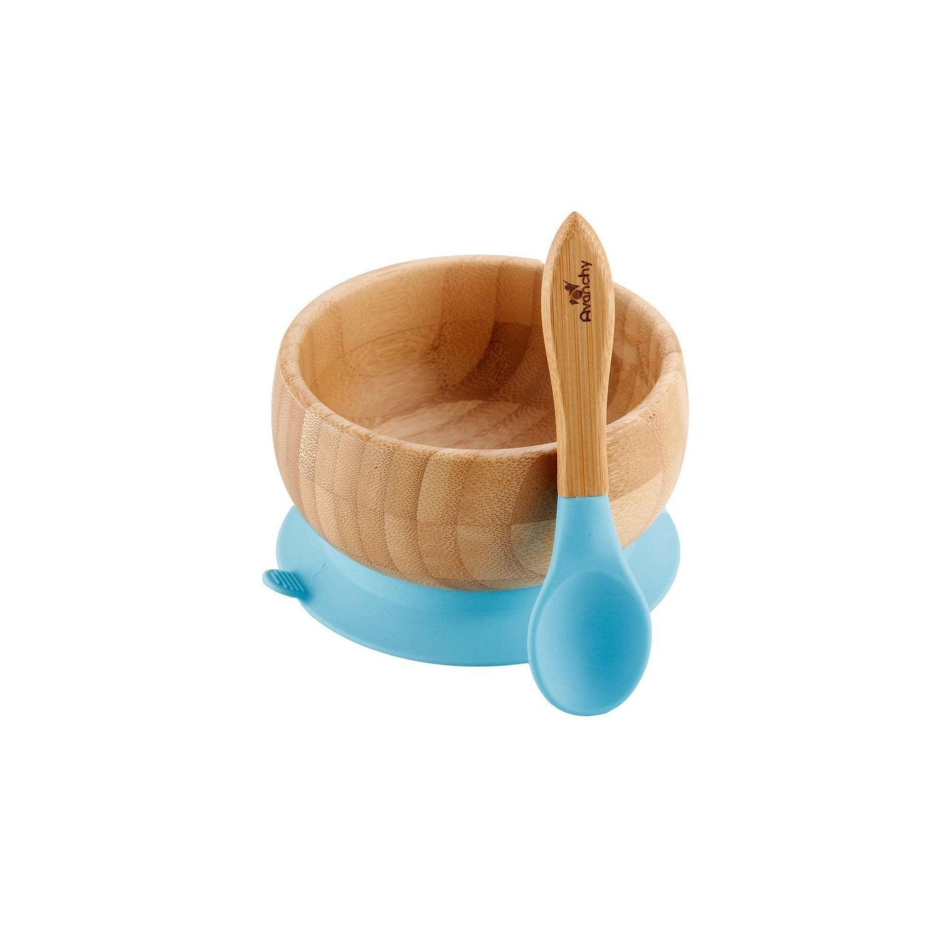 Avanchy Bamboo Stay Put Suction Baby Bowl + Spoon - Blue - Traveling Tikes 