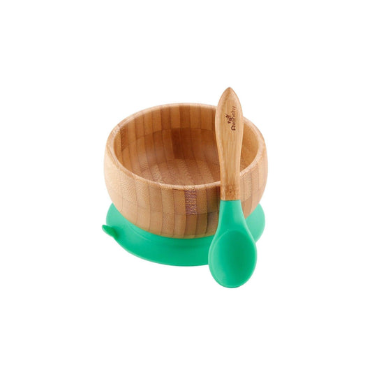 Avanchy Bamboo Stay Put Suction Baby Bowl + Spoon - Green - Traveling Tikes 
