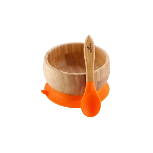 Avanchy Bamboo Stay Put Suction Baby Bowl + Spoon - Orange - Traveling Tikes 