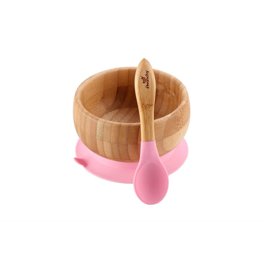 Avanchy Bamboo Stay Put Suction Baby Bowl + Spoon - Pink - Traveling Tikes 